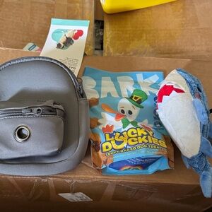 Boots & Barkley Dog HarnessBackpack, sharkdog toy and lucky duck baked dog treat